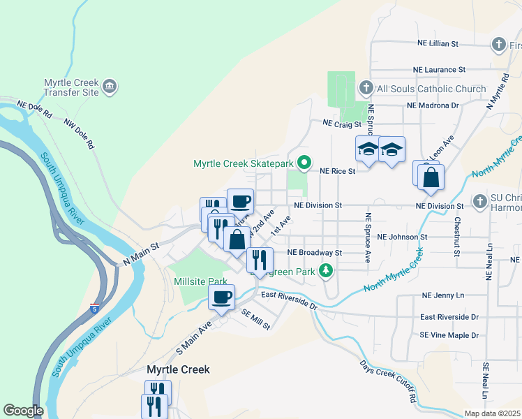 map of restaurants, bars, coffee shops, grocery stores, and more near 241 Northwest Division Street in Myrtle Creek