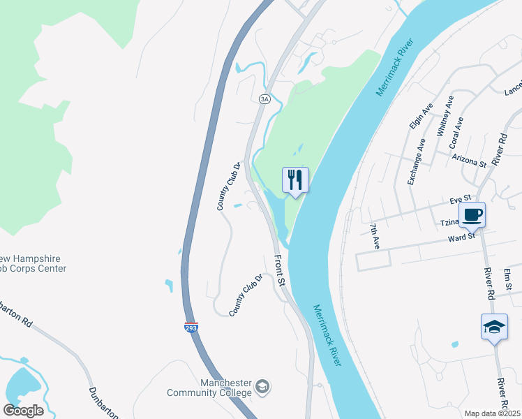map of restaurants, bars, coffee shops, grocery stores, and more near 1602 Front Street in Manchester