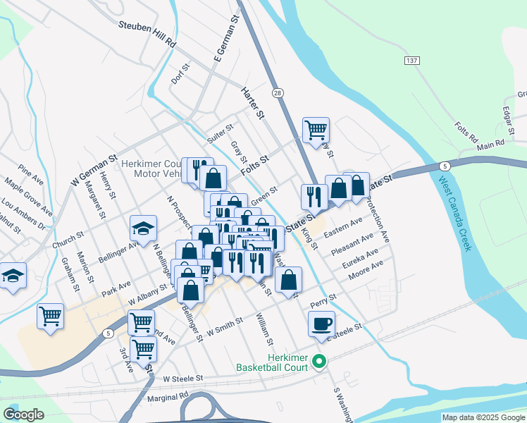 map of restaurants, bars, coffee shops, grocery stores, and more near 130 North Washington Street in Herkimer