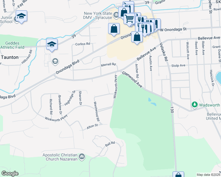map of restaurants, bars, coffee shops, grocery stores, and more near 108 Hilltop Road in Syracuse