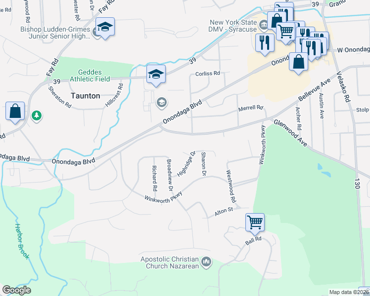 map of restaurants, bars, coffee shops, grocery stores, and more near 100 Highridge Place in Syracuse