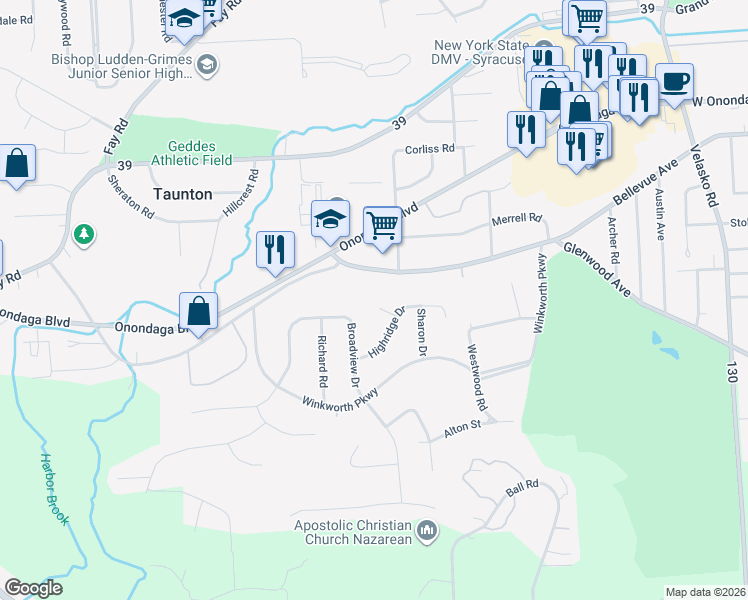 map of restaurants, bars, coffee shops, grocery stores, and more near 100 Highridge Place in Syracuse