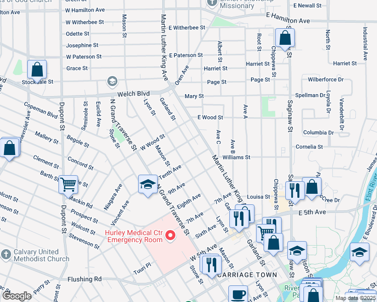 map of restaurants, bars, coffee shops, grocery stores, and more near 1330 Lyon Street in Flint