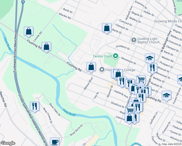 map of restaurants, bars, coffee shops, grocery stores, and more near 3320 Fleming Road in Flint