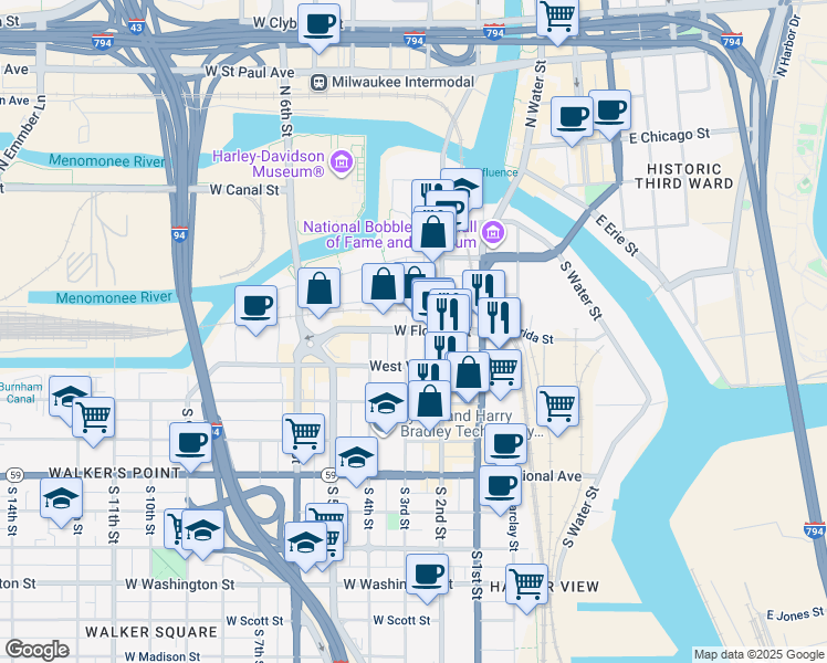 map of restaurants, bars, coffee shops, grocery stores, and more near 234 West Florida Street in Milwaukee