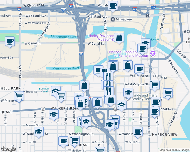 map of restaurants, bars, coffee shops, grocery stores, and more near 622 West Oregon Street in Milwaukee