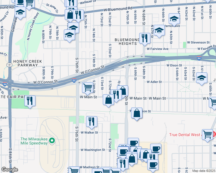 map of restaurants, bars, coffee shops, grocery stores, and more near 446 South 72nd Street in Milwaukee