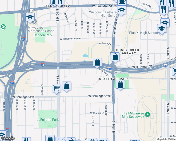 map of restaurants, bars, coffee shops, grocery stores, and more near 8753 West Adler Street in Milwaukee