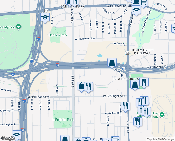 map of restaurants, bars, coffee shops, grocery stores, and more near 9011 West Adler Street in Milwaukee