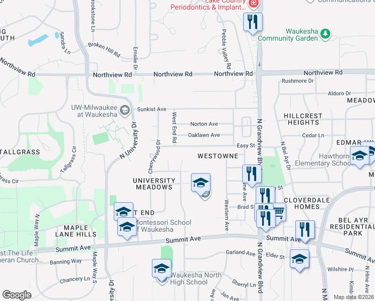 map of restaurants, bars, coffee shops, grocery stores, and more near 2125 Easy Street in Waukesha