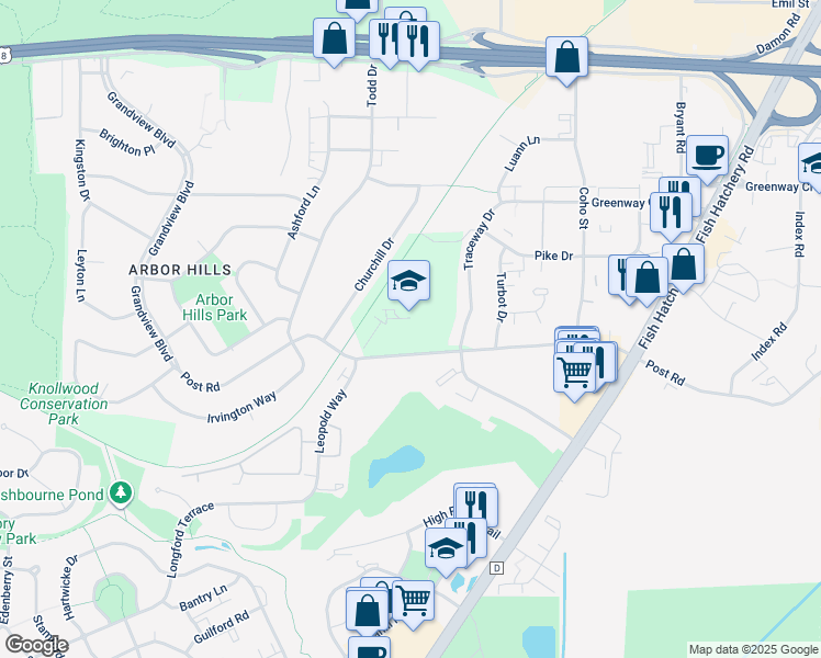 map of restaurants, bars, coffee shops, grocery stores, and more near 2602 Post Road in Madison