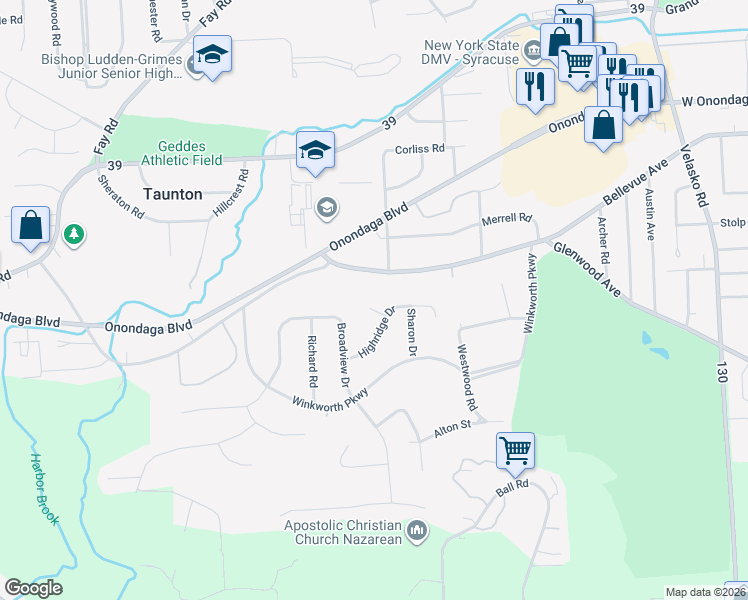 map of restaurants, bars, coffee shops, grocery stores, and more near 100 Highridge Place in Syracuse