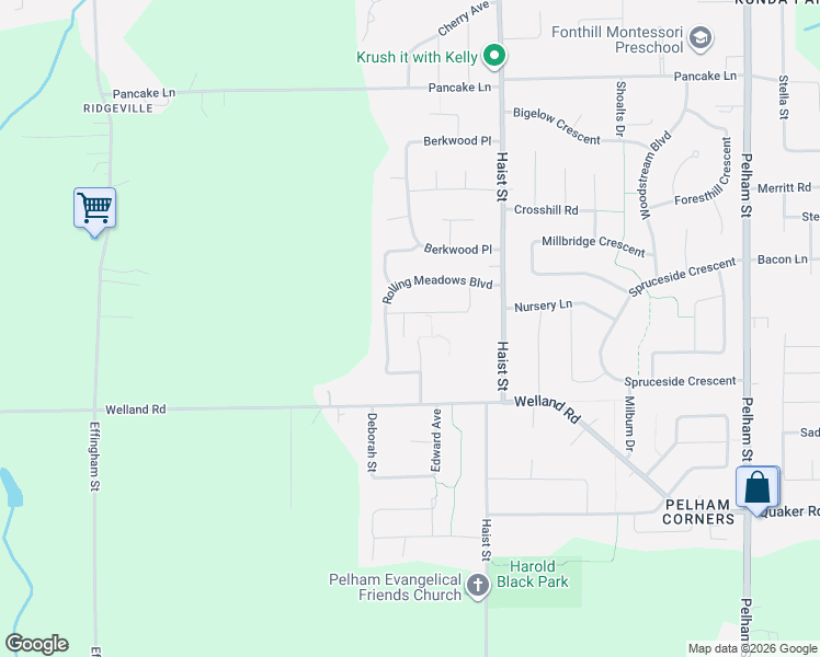 map of restaurants, bars, coffee shops, grocery stores, and more near 25 Meadowvale Drive in Pelham