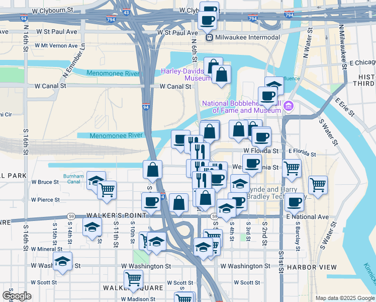 map of restaurants, bars, coffee shops, grocery stores, and more near 600 West Virginia Street in Milwaukee