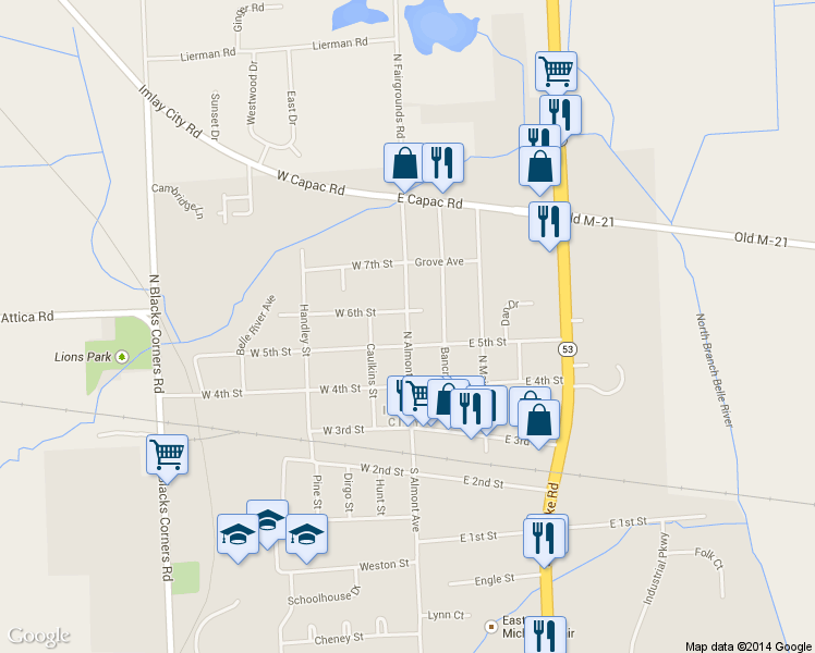 map of restaurants, bars, coffee shops, grocery stores, and more near 355 North Almont Avenue in Imlay City