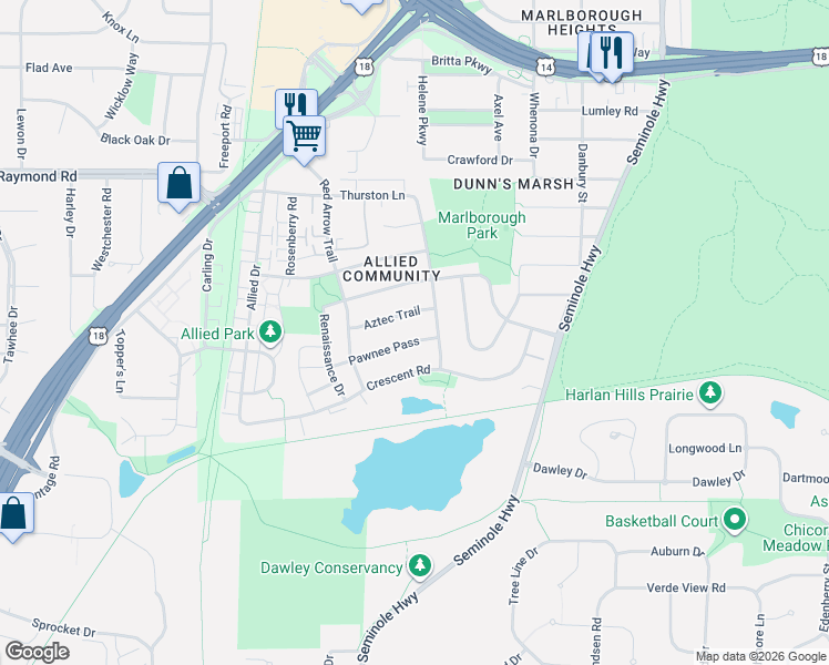 map of restaurants, bars, coffee shops, grocery stores, and more near 4502 Pawnee Pass in Fitchburg