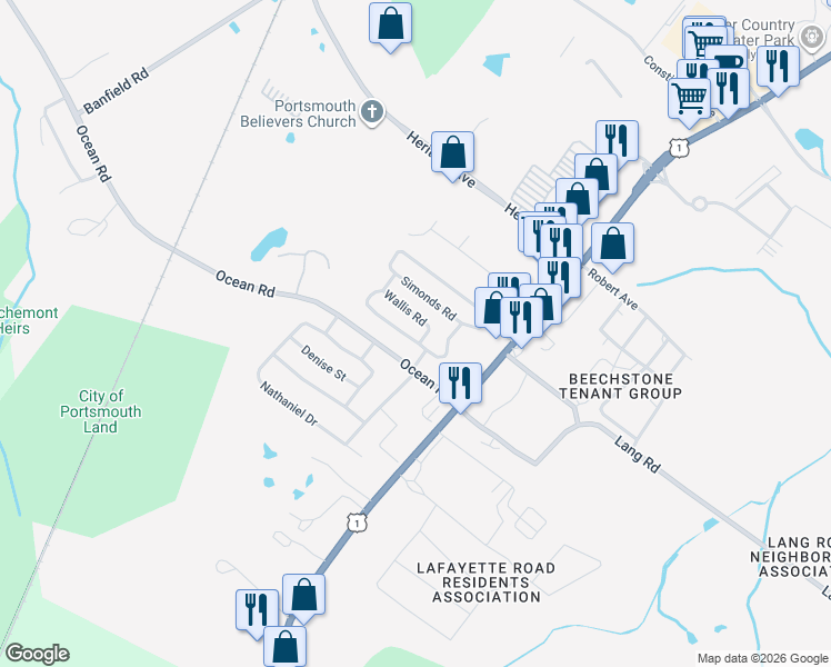 map of restaurants, bars, coffee shops, grocery stores, and more near 3 Suzanne Drive in Portsmouth