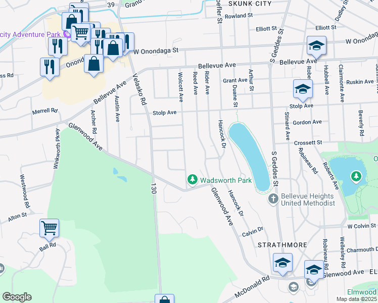 map of restaurants, bars, coffee shops, grocery stores, and more near 603 Wolcott Avenue in Syracuse