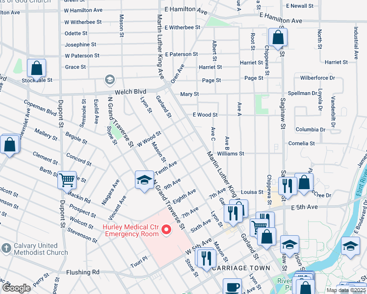 map of restaurants, bars, coffee shops, grocery stores, and more near 1330 Lyon Street in Flint