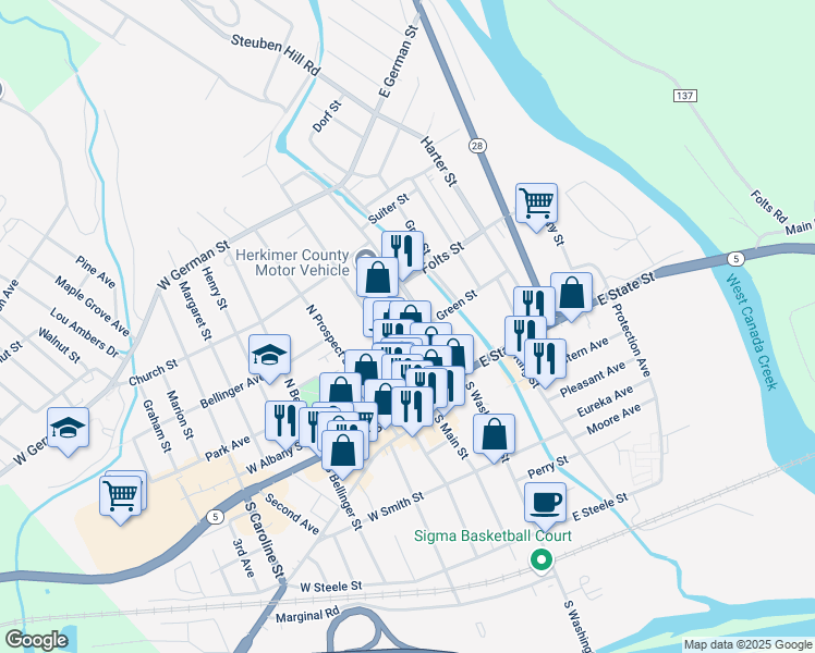map of restaurants, bars, coffee shops, grocery stores, and more near 115 Green Street in Herkimer