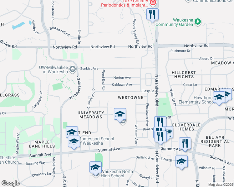 map of restaurants, bars, coffee shops, grocery stores, and more near 2125 Easy Street in Waukesha