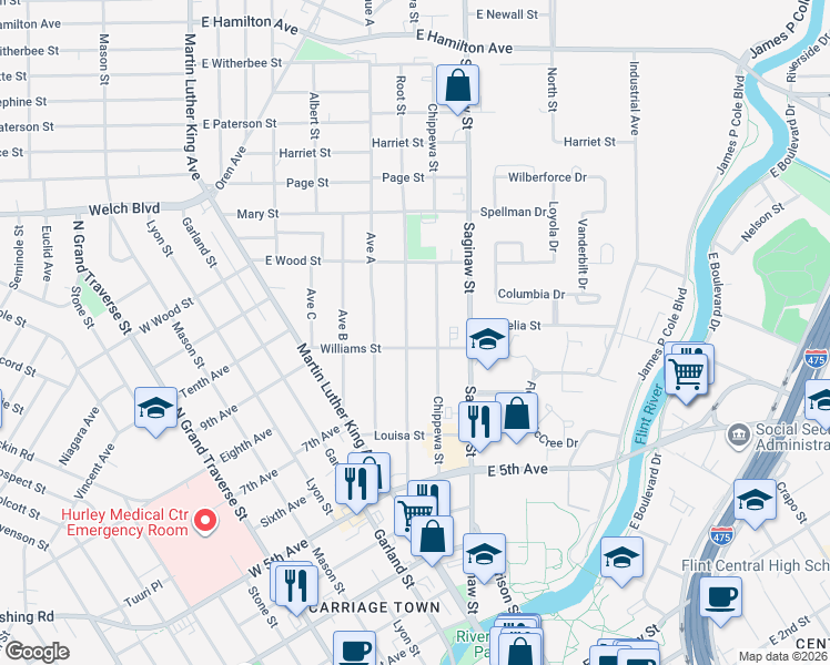 map of restaurants, bars, coffee shops, grocery stores, and more near 1219 Chippewa Street in Flint