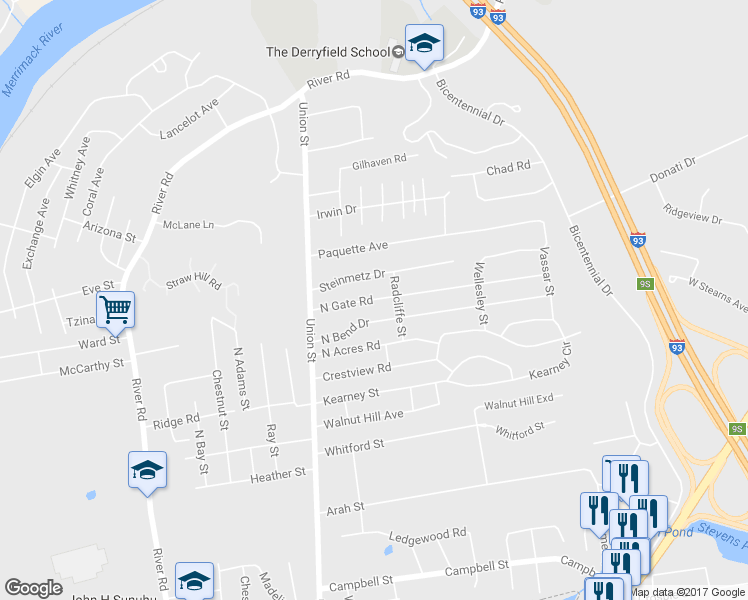 map of restaurants, bars, coffee shops, grocery stores, and more near 104 North Gate Road in Manchester