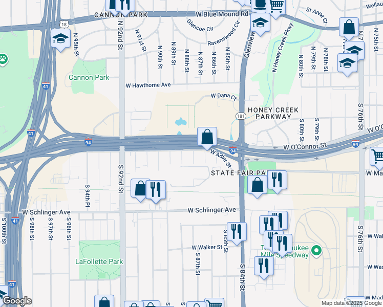 map of restaurants, bars, coffee shops, grocery stores, and more near 8753 West Adler Street in Milwaukee