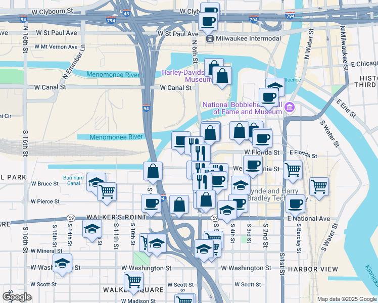 map of restaurants, bars, coffee shops, grocery stores, and more near 600 West Virginia Street in Milwaukee