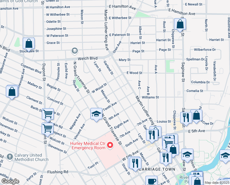map of restaurants, bars, coffee shops, grocery stores, and more near 1330 Lyon Street in Flint