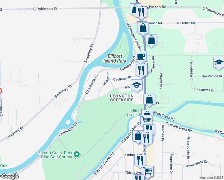 map of restaurants, bars, coffee shops, grocery stores, and more near Irvington Drive in Erie County