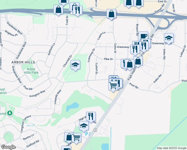 map of restaurants, bars, coffee shops, grocery stores, and more near 2970 Turbot Drive in Madison