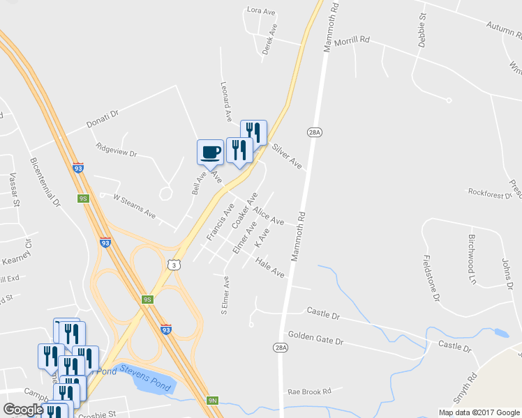 map of restaurants, bars, coffee shops, grocery stores, and more near 38 Elmer Avenue in Hooksett