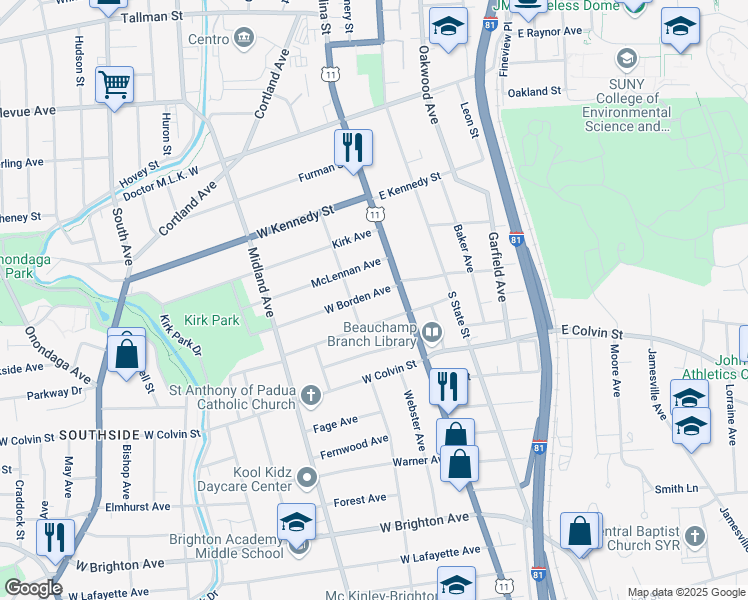 map of restaurants, bars, coffee shops, grocery stores, and more near 121 West Borden Avenue in Syracuse