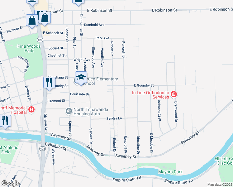 map of restaurants, bars, coffee shops, grocery stores, and more near 292 Roncroff Drive in North Tonawanda