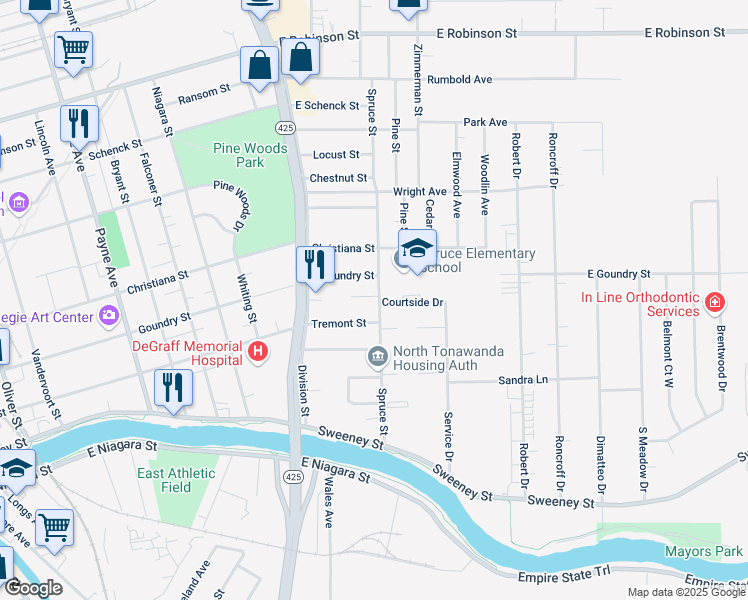 map of restaurants, bars, coffee shops, grocery stores, and more near 180 Spruce Street in North Tonawanda