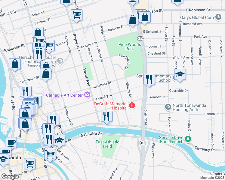 map of restaurants, bars, coffee shops, grocery stores, and more near 356 Goundry Street in North Tonawanda