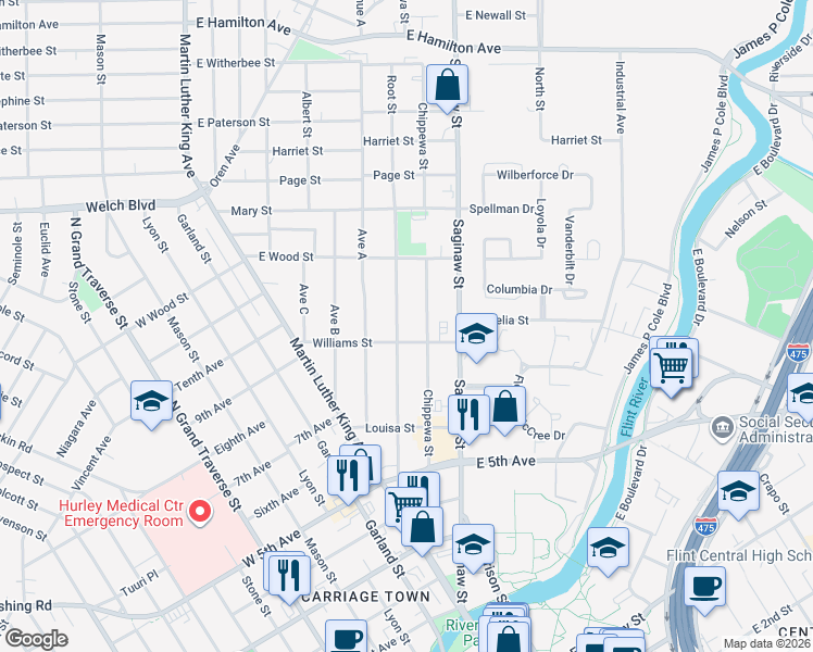 map of restaurants, bars, coffee shops, grocery stores, and more near 1219 Chippewa Street in Flint