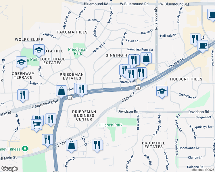 map of restaurants, bars, coffee shops, grocery stores, and more near 1901 Avalon Drive in Waukesha