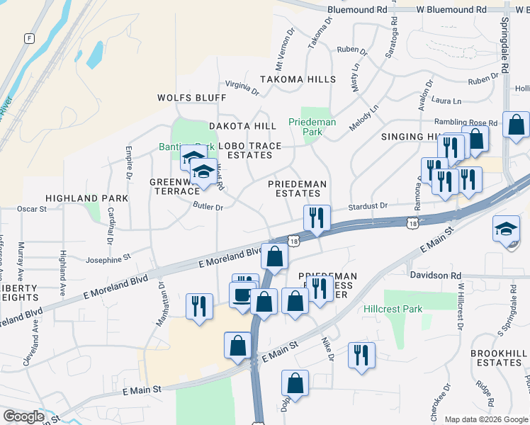 map of restaurants, bars, coffee shops, grocery stores, and more near 1705 Robin Court in Waukesha