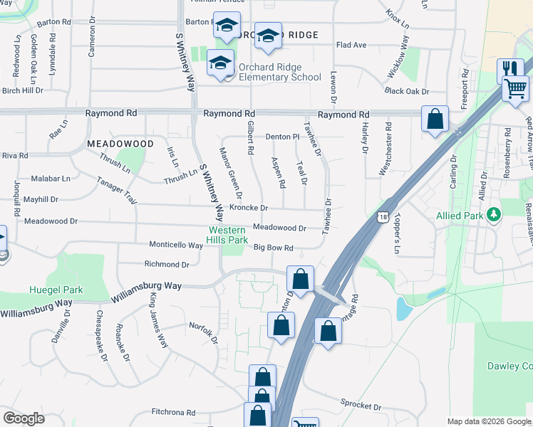map of restaurants, bars, coffee shops, grocery stores, and more near 5405 Kroncke Drive in Madison