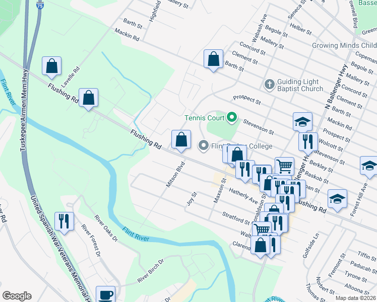 map of restaurants, bars, coffee shops, grocery stores, and more near 3320 Fleming Road in Flint