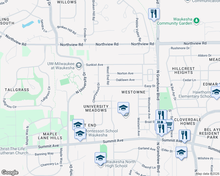 map of restaurants, bars, coffee shops, grocery stores, and more near 2227 Easy Street in Waukesha