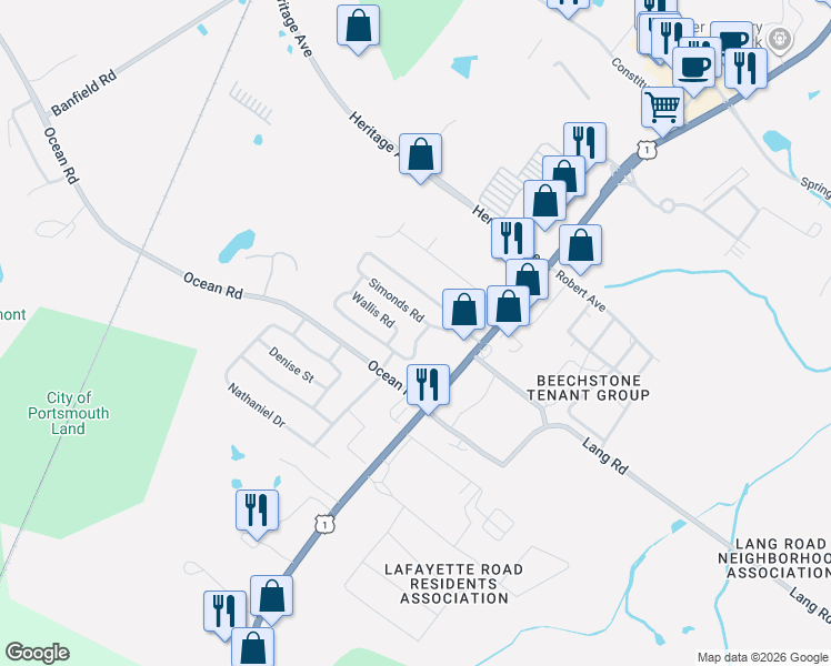 map of restaurants, bars, coffee shops, grocery stores, and more near 41 Suzanne Drive in Portsmouth