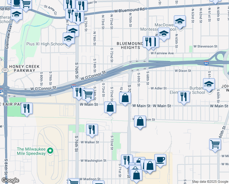 map of restaurants, bars, coffee shops, grocery stores, and more near 446 S 72nd St in Milwaukee