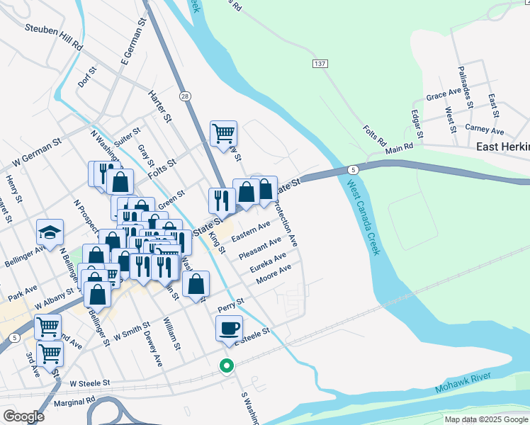 map of restaurants, bars, coffee shops, grocery stores, and more near 100 Protection Avenue in Herkimer