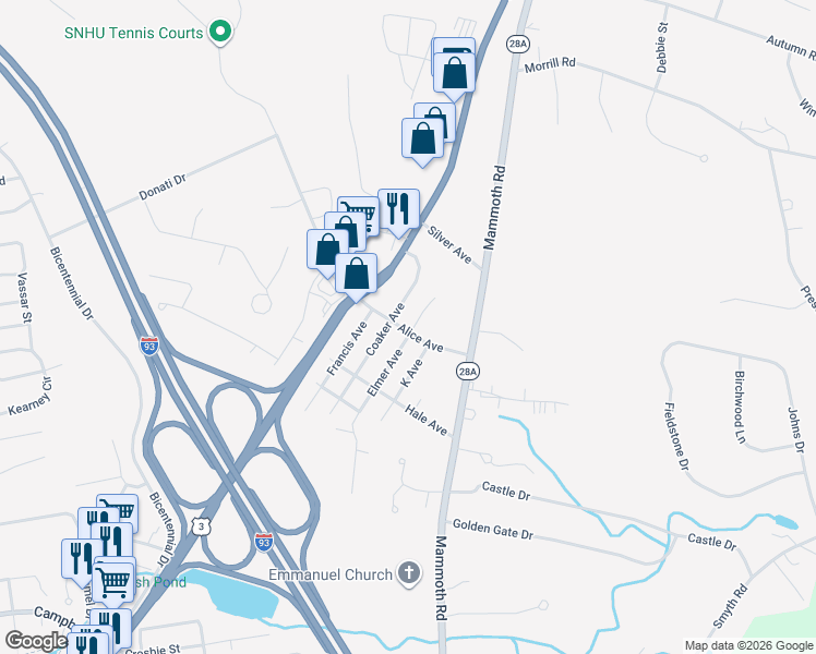 map of restaurants, bars, coffee shops, grocery stores, and more near 38 Elmer Avenue in Hooksett