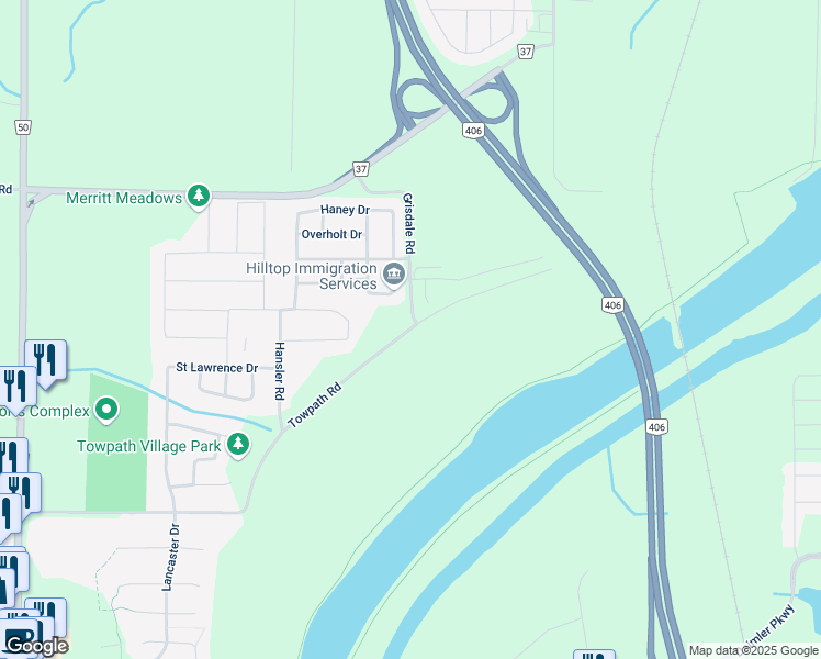 map of restaurants, bars, coffee shops, grocery stores, and more near 41 Whelan Court in Thorold