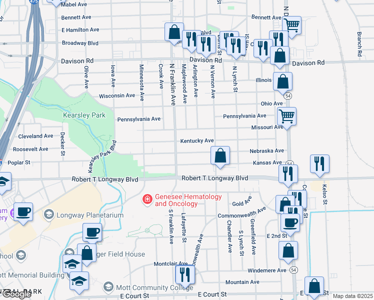 map of restaurants, bars, coffee shops, grocery stores, and more near 1921 Nebraska Avenue in Flint