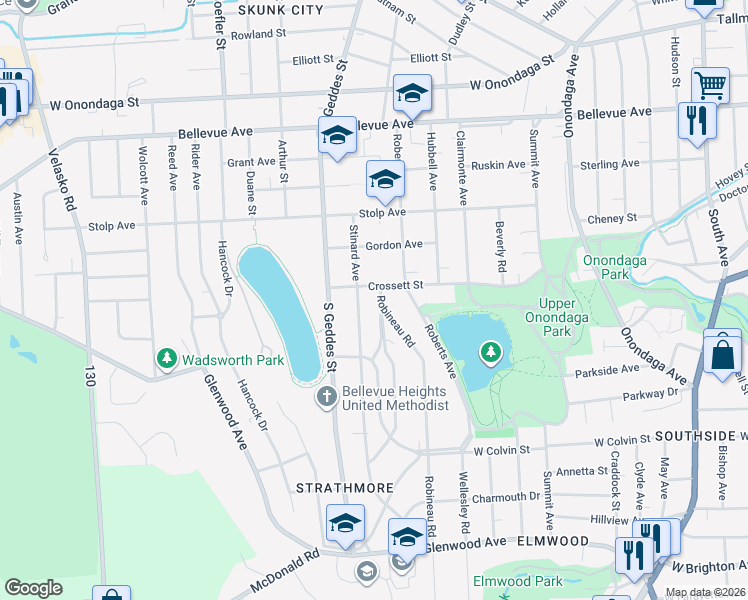 map of restaurants, bars, coffee shops, grocery stores, and more near 108 Robineau Road in Syracuse